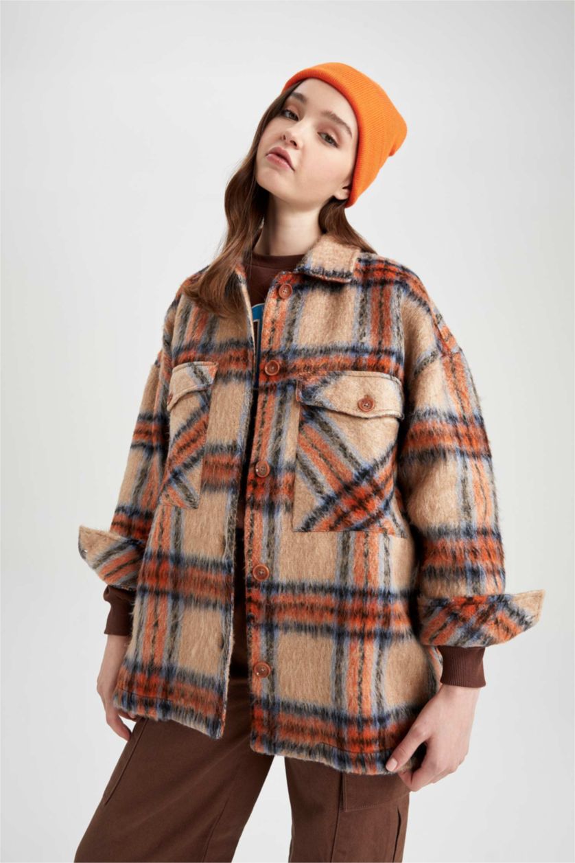 Kadın Turuncu Oversıze Gömlek Yaka Kareli Flanel Uzun Kollu Tunik