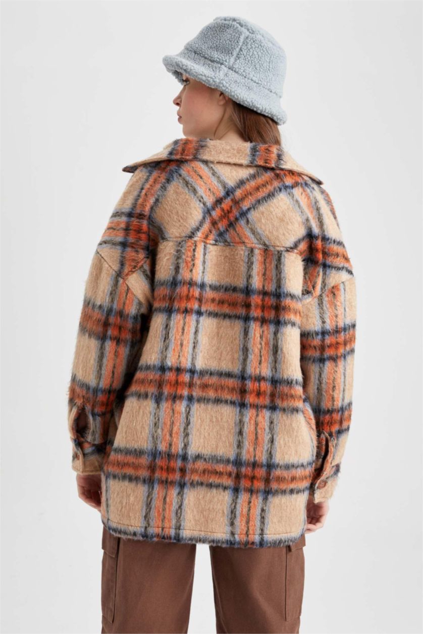 Kadın Turuncu Oversıze Gömlek Yaka Kareli Flanel Uzun Kollu Tunik