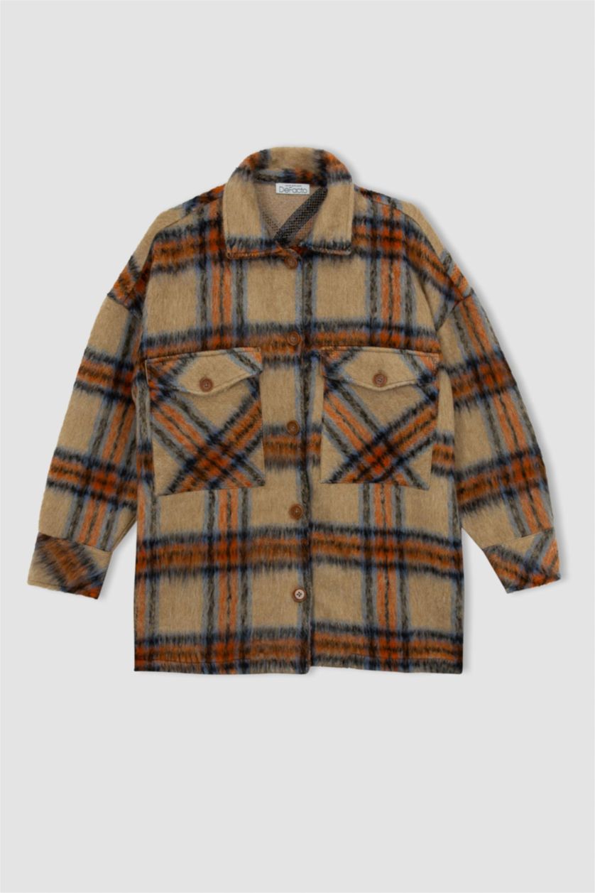 Kadın Turuncu Oversıze Gömlek Yaka Kareli Flanel Uzun Kollu Tunik