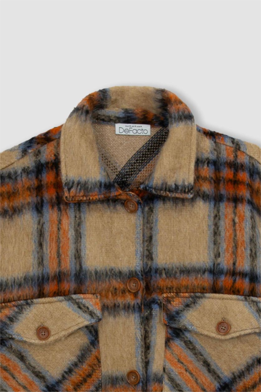 Kadın Turuncu Oversıze Gömlek Yaka Kareli Flanel Uzun Kollu Tunik