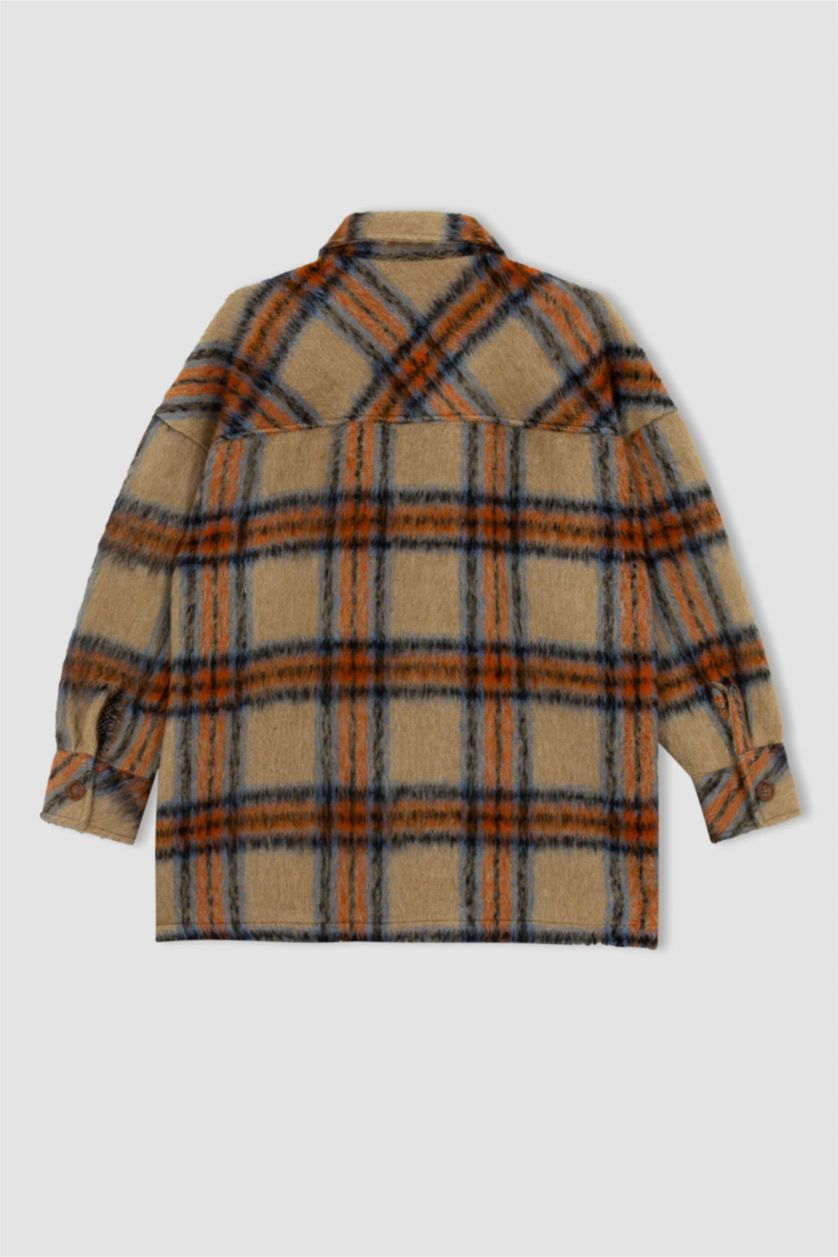 Kadın Turuncu Oversıze Gömlek Yaka Kareli Flanel Uzun Kollu Tunik