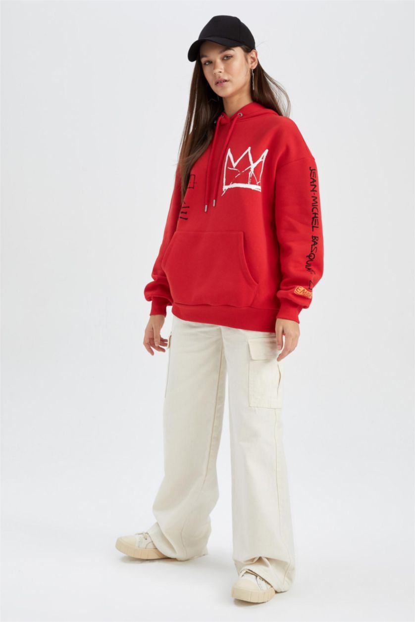 نساء أحمر Oversize Fit Thick Sweatshirt Fabric Sweatshirt