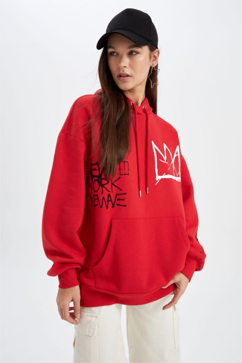 نساء أحمر Oversize Fit Thick Sweatshirt Fabric Sweatshirt