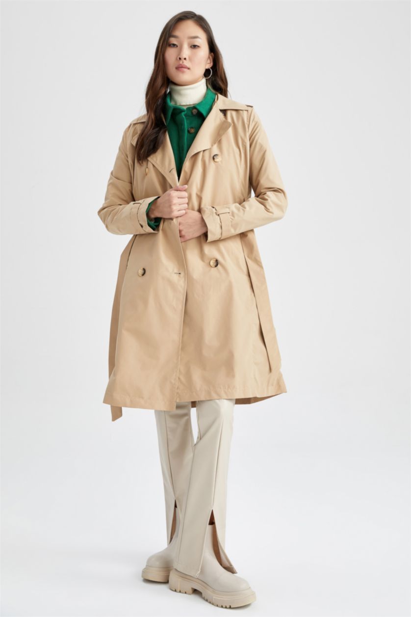 حريمي بني فاتح جاكيت ترانش كوت قصة عادية ببطانة صناعية