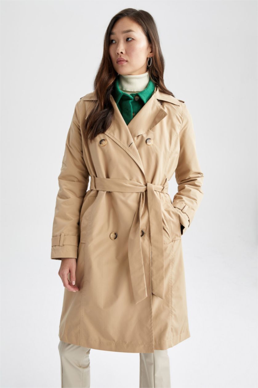 حريمي بني فاتح جاكيت ترانش كوت قصة عادية ببطانة صناعية