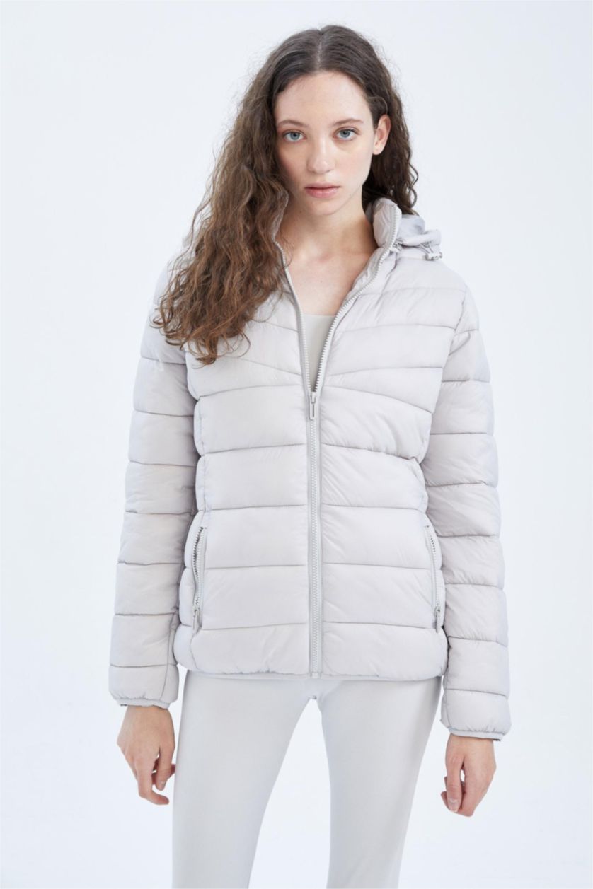 نساء رمادي فاتح جاكيت سليم فيت بغطاء للرأس وتر برووف