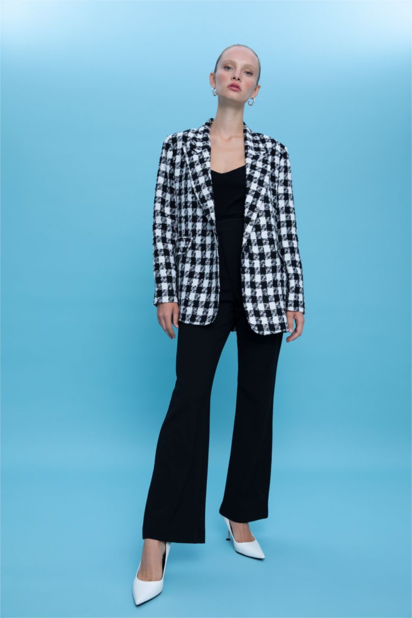Woman Black Oversize Fit Houndstooth Patterned Blazer