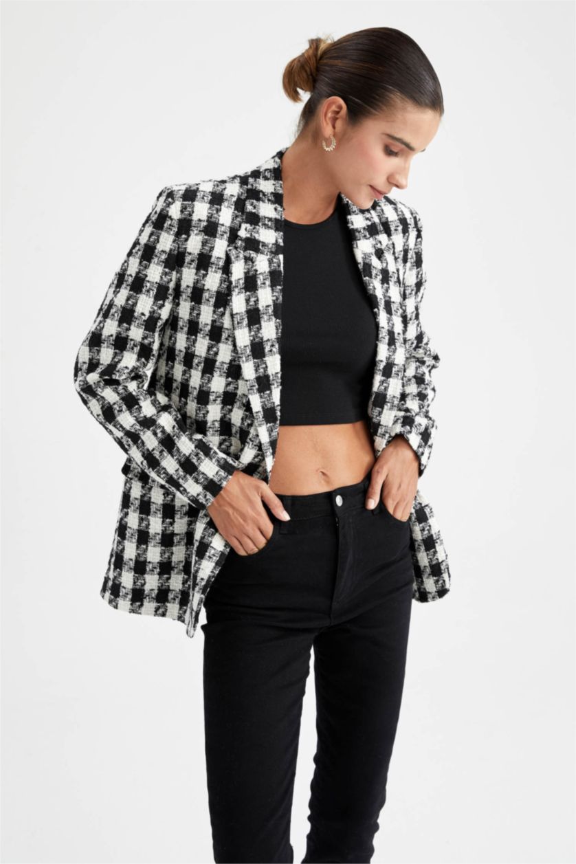Woman Black Oversize Fit Houndstooth Patterned Blazer