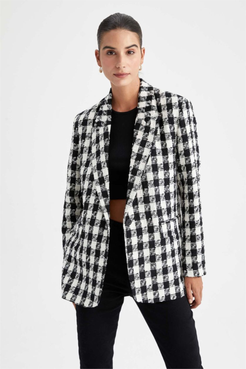 Woman Black Oversize Fit Houndstooth Patterned Blazer