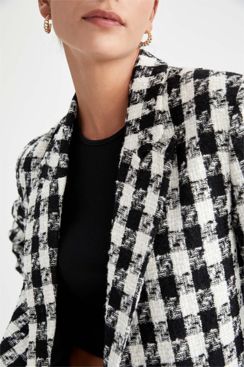 Woman Black Oversize Fit Houndstooth Patterned Blazer