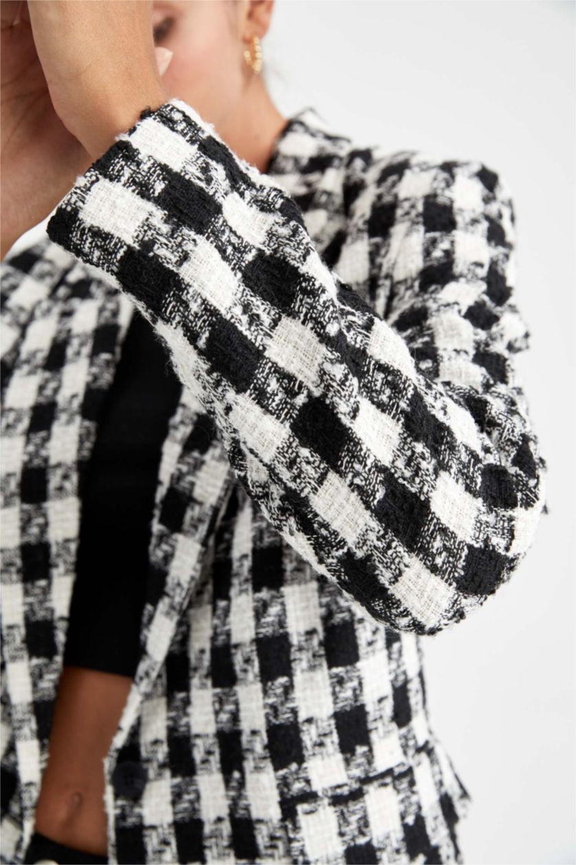 Woman Black Oversize Fit Houndstooth Patterned Blazer