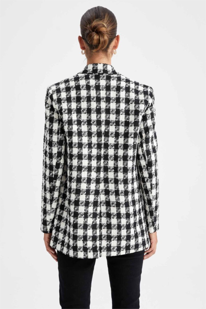 Woman Black Oversize Fit Houndstooth Patterned Blazer