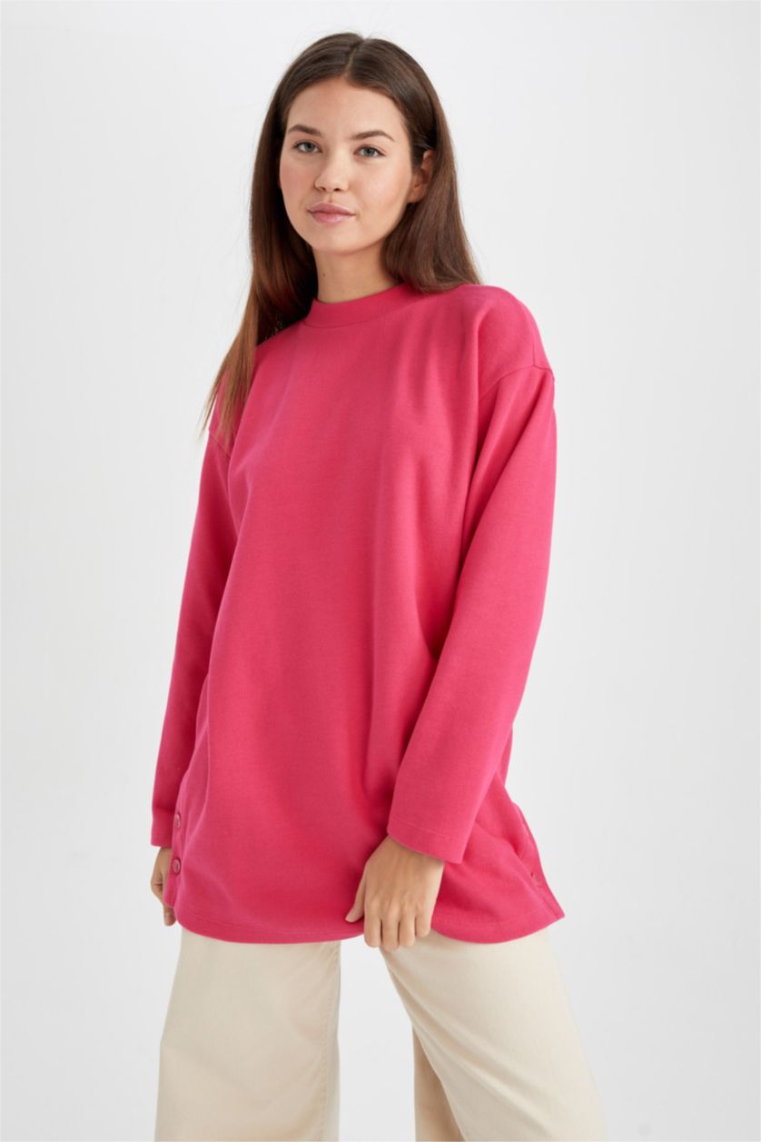 Woman Fushsia Regular Fit Fabric Long Sleeve Tunic