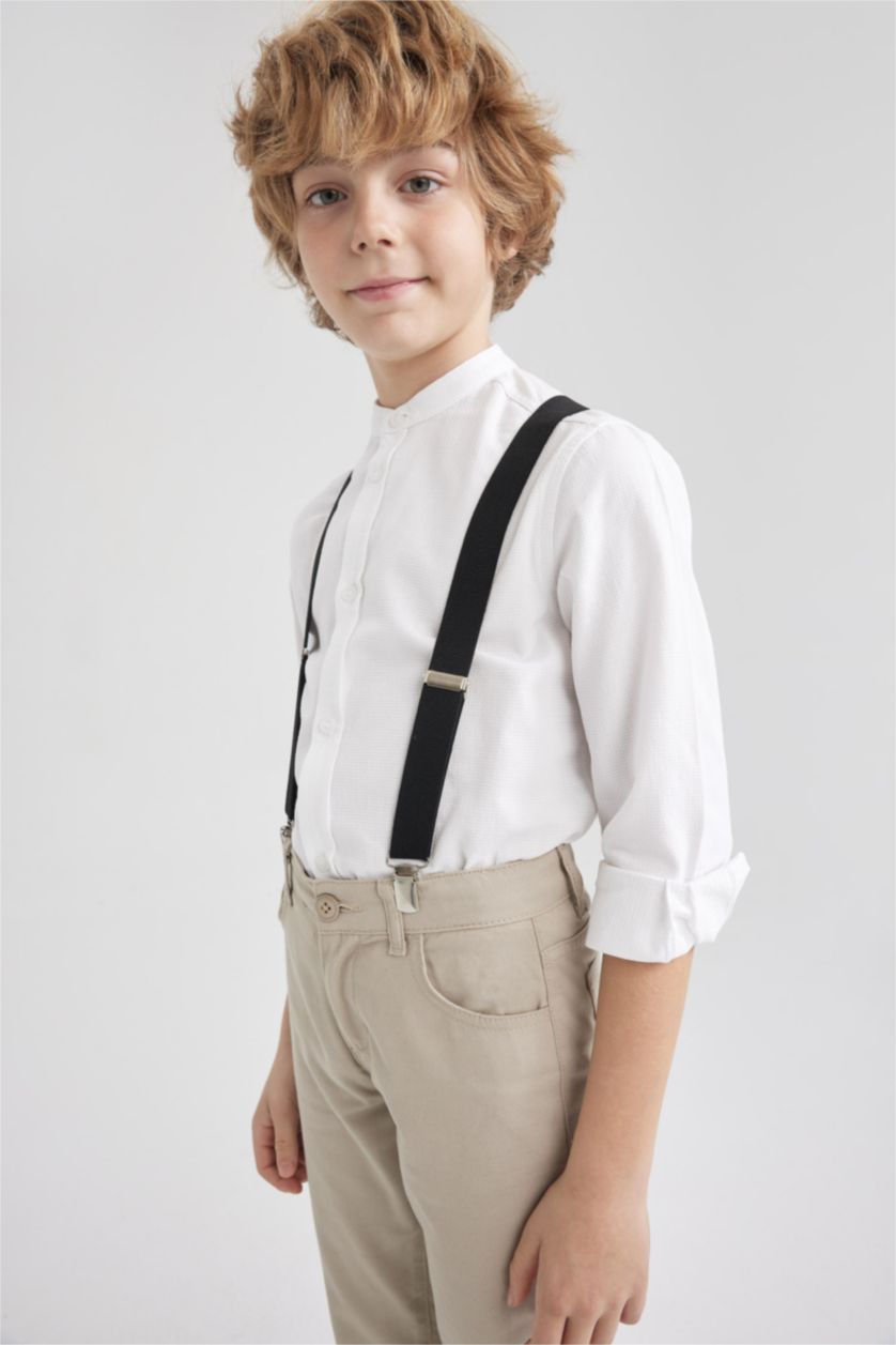 BOYS & TEENS White Boys Children's Day Regular Fit Standing Collar Oxford Long Sleeve Shirt