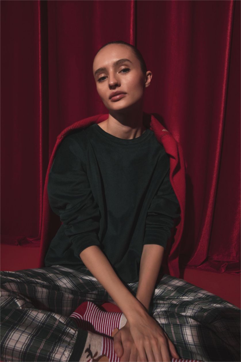 نساء أخضر غامق بلوزة قصة عادية بياقة مستديرة كم طويل من Fall In Love