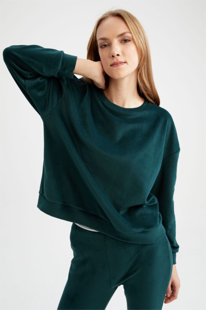 نساء أخضر غامق بلوزة قصة عادية بياقة مستديرة كم طويل من Fall In Love