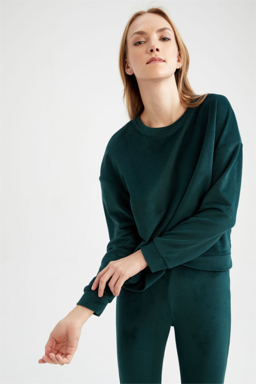 نساء أخضر غامق بلوزة قصة عادية بياقة مستديرة كم طويل من Fall In Love