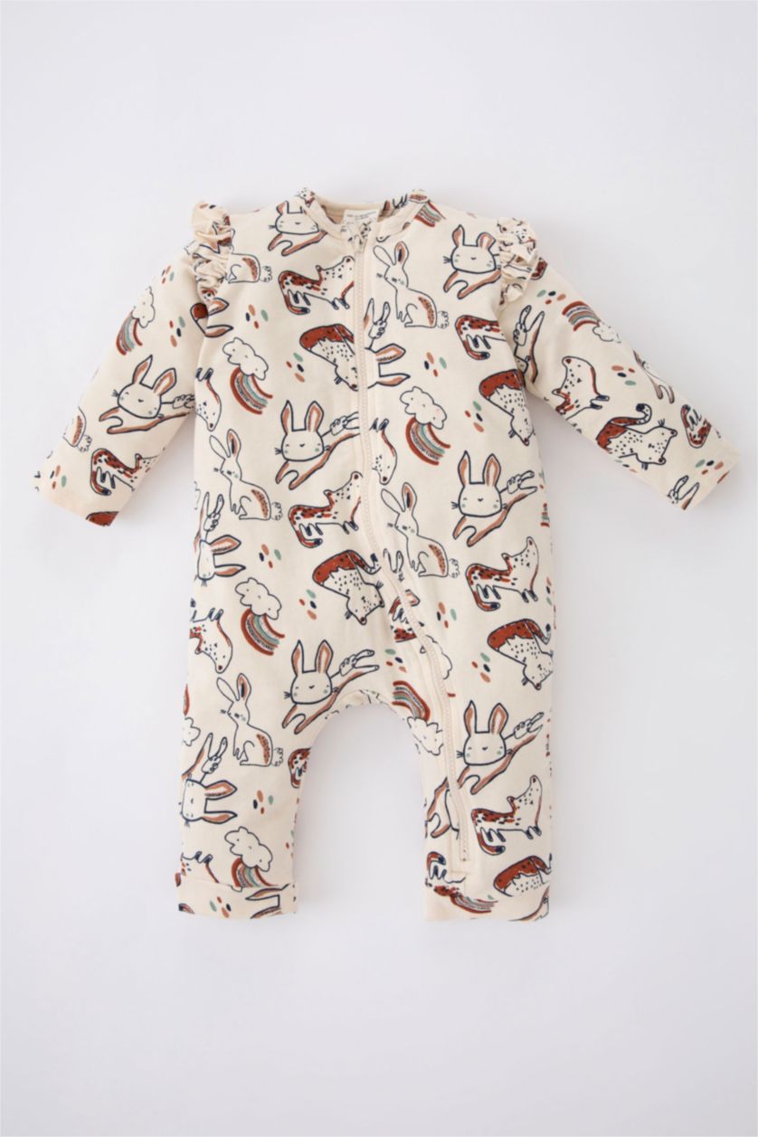 BABY GIRL Ecru Baby Girl Crew Neck Sweatshirt Fabric Jumpsuit