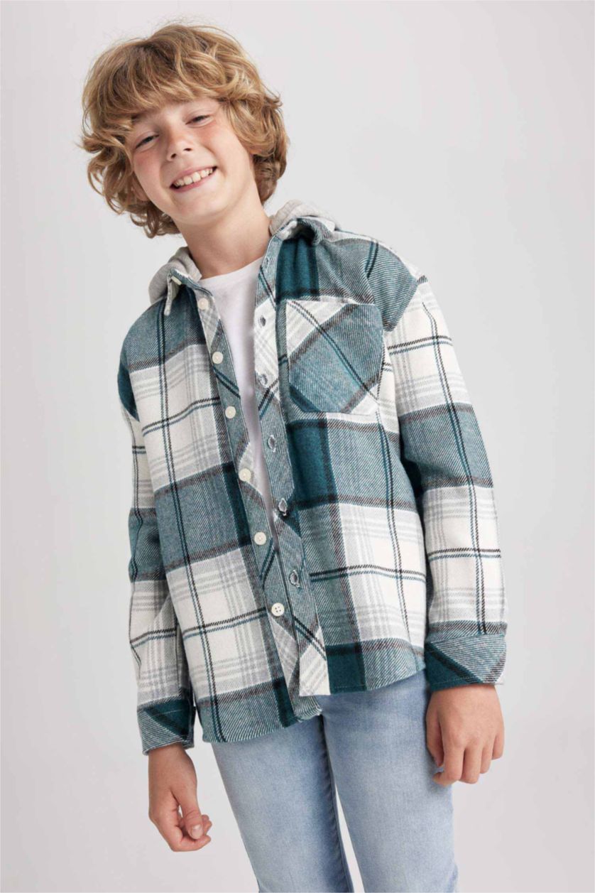 BOYS & TEENS Green قميص كم طويل فلانيل اوفر سايز
