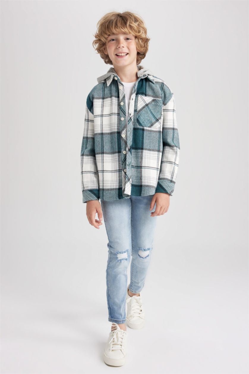 BOYS & TEENS Green قميص كم طويل فلانيل اوفر سايز