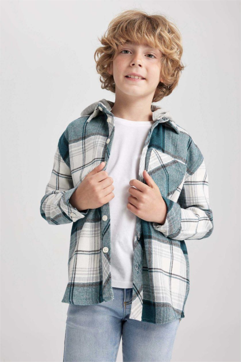 BOYS & TEENS Green قميص كم طويل فلانيل اوفر سايز