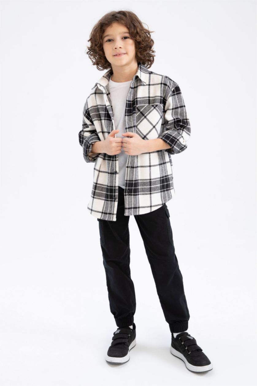 GARÇONS Noir Chemise À Manches Longues En Flanelle À Col Polo Coupe Oversize Pour Garçon