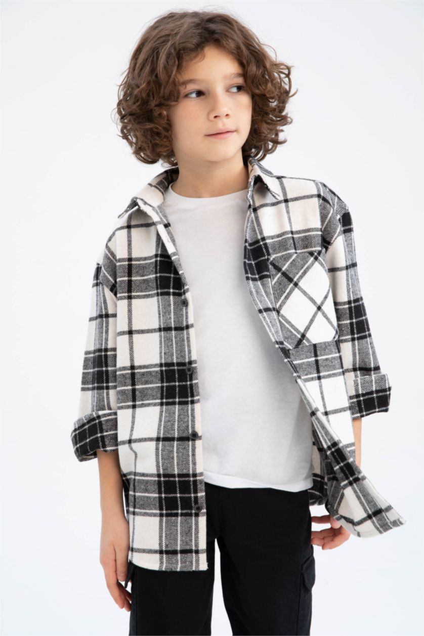 GARÇONS Noir Chemise À Manches Longues En Flanelle À Col Polo Coupe Oversize Pour Garçon