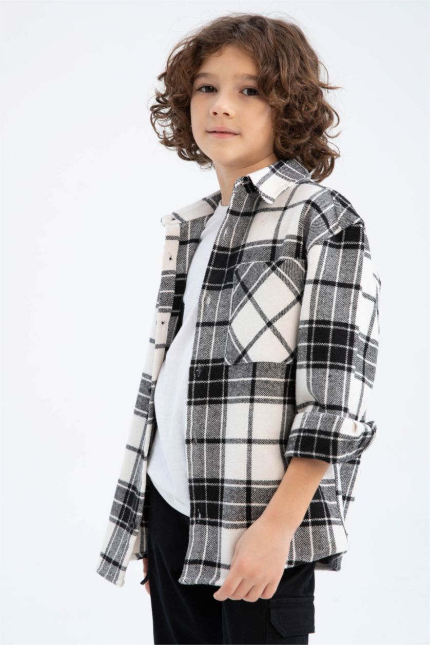 GARÇONS Noir Chemise À Manches Longues En Flanelle À Col Polo Coupe Oversize Pour Garçon