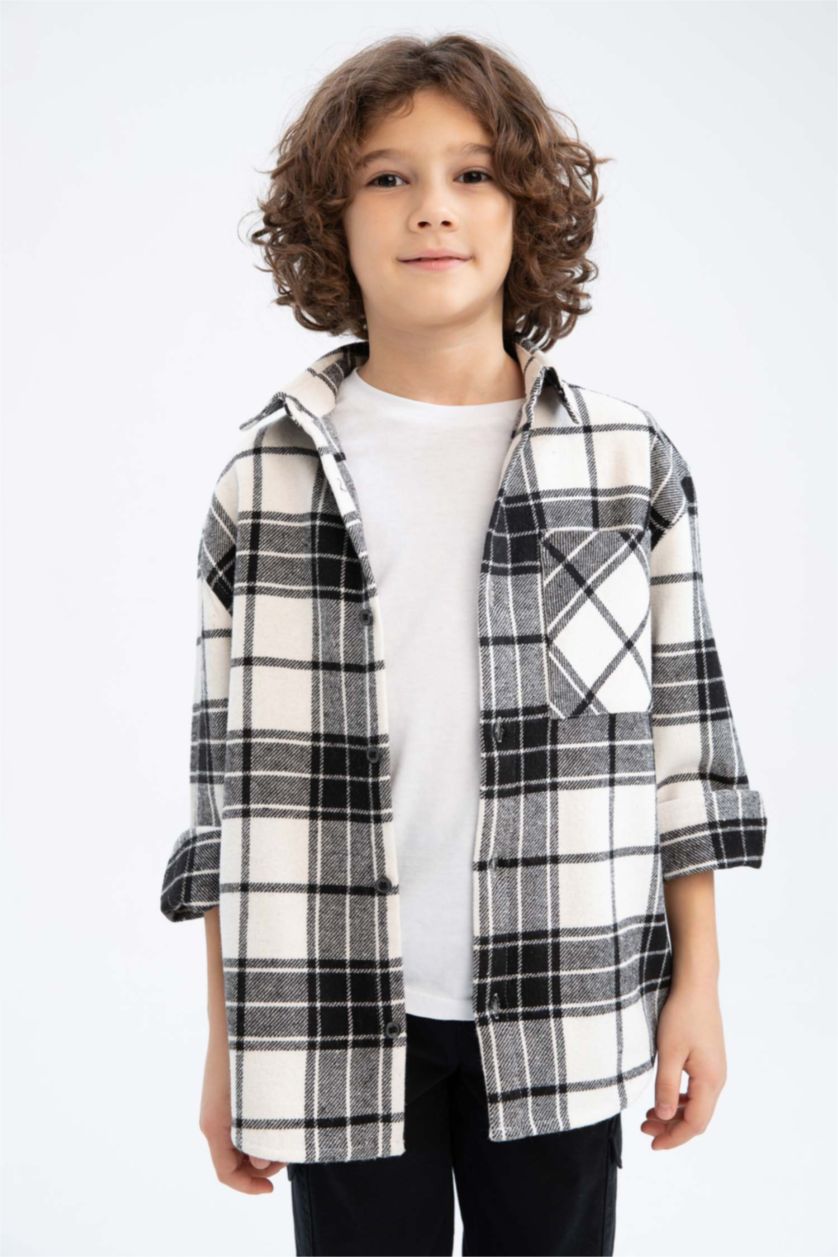 GARÇONS Noir Chemise À Manches Longues En Flanelle À Col Polo Coupe Oversize Pour Garçon