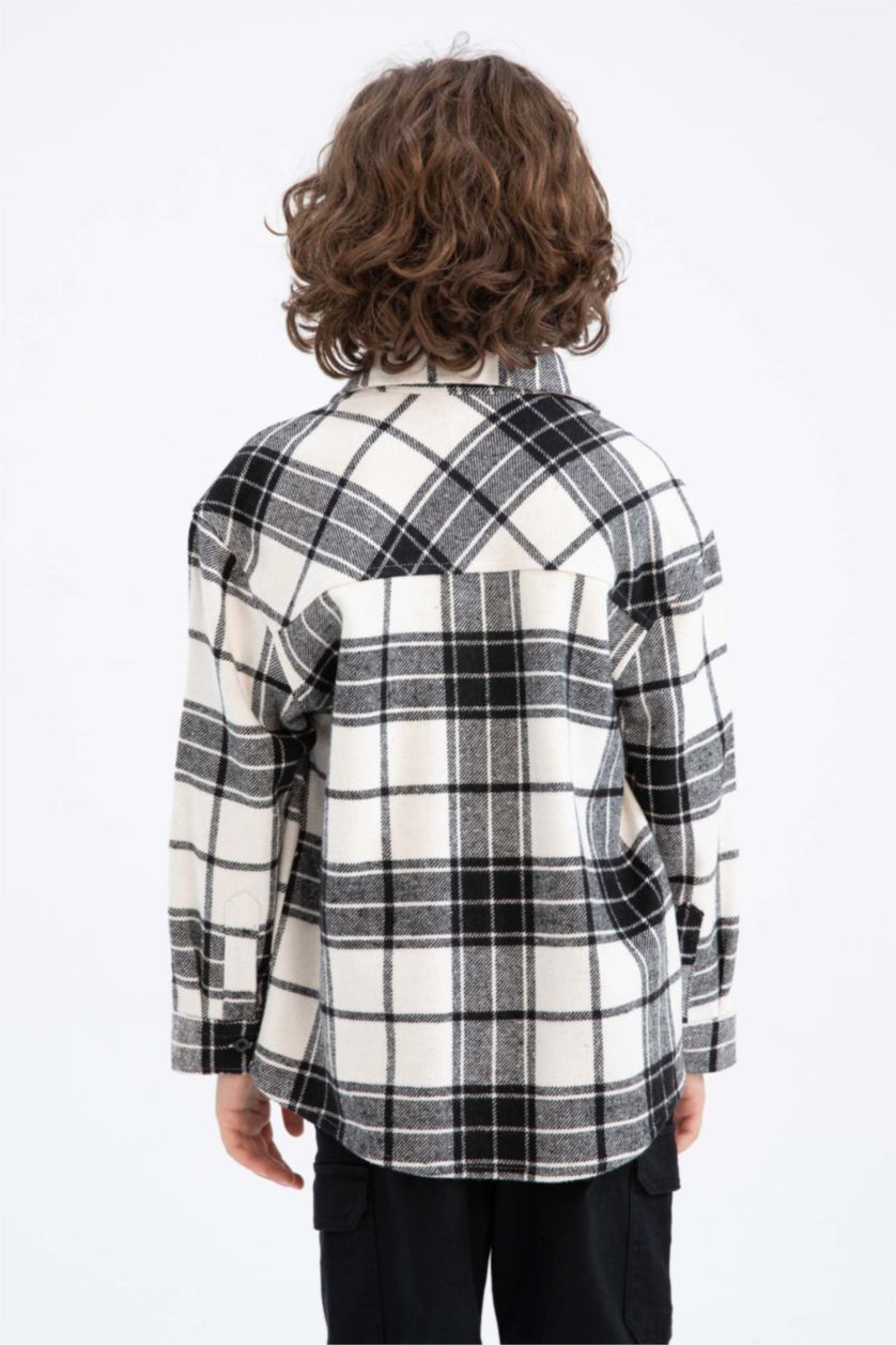 GARÇONS Noir Chemise À Manches Longues En Flanelle À Col Polo Coupe Oversize Pour Garçon