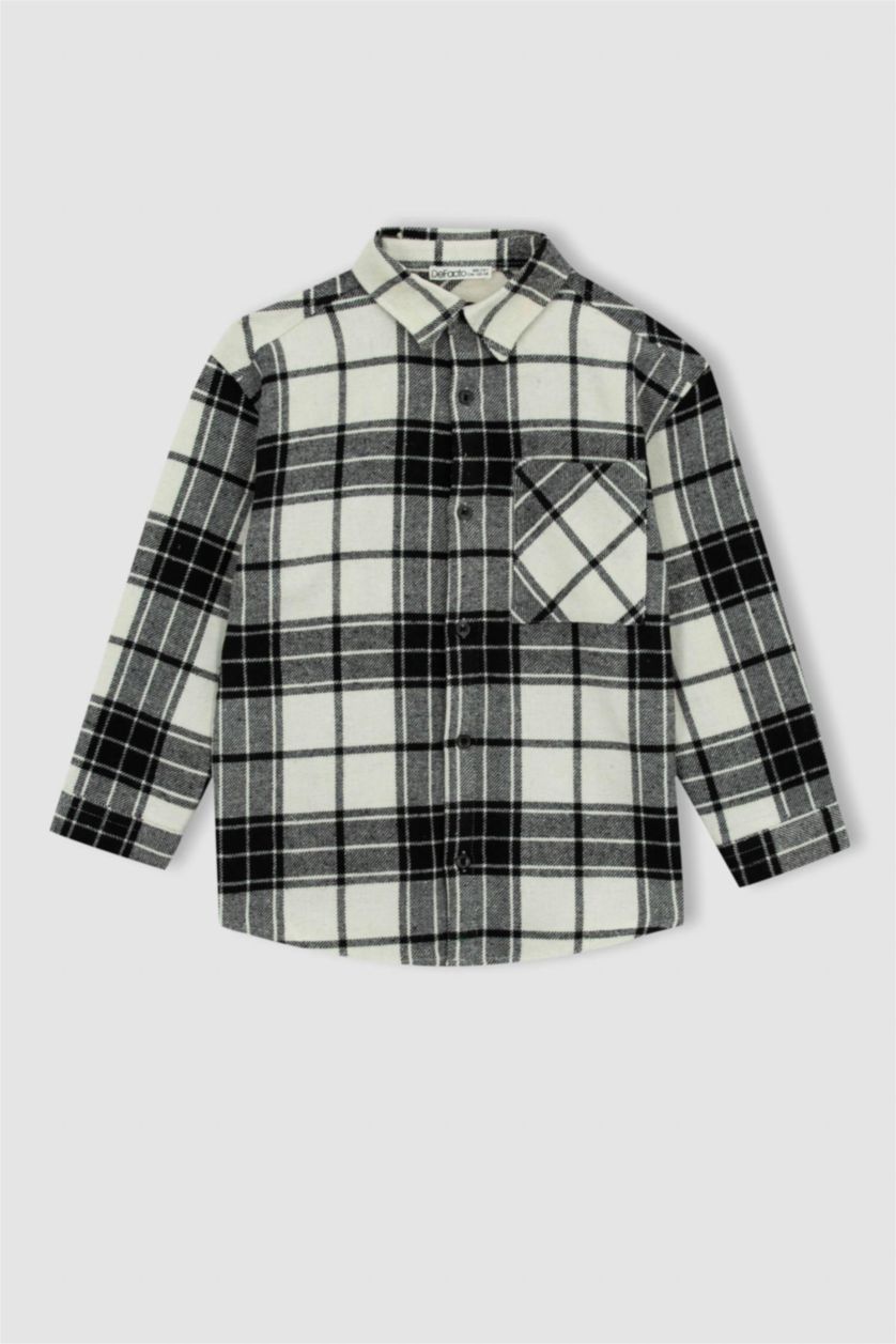 GARÇONS Noir Chemise À Manches Longues En Flanelle À Col Polo Coupe Oversize Pour Garçon