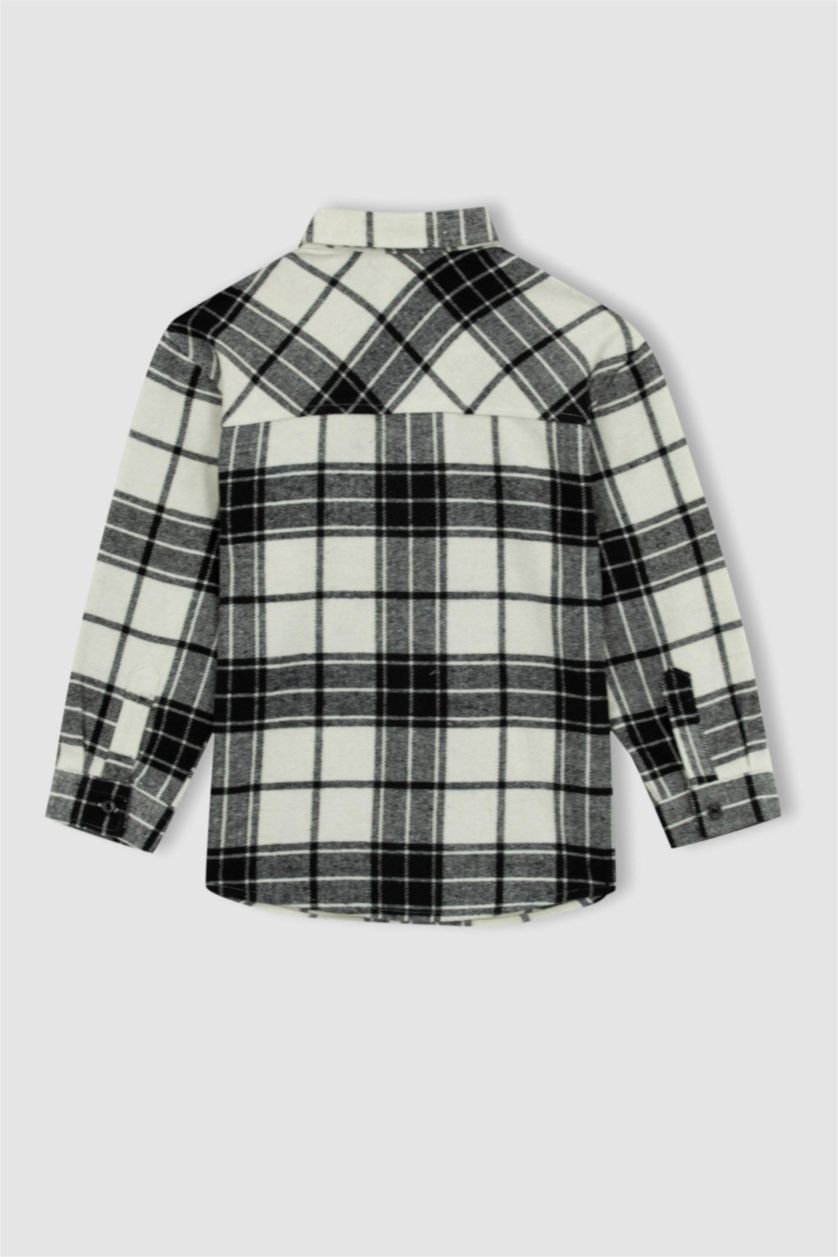 GARÇONS Noir Chemise À Manches Longues En Flanelle À Col Polo Coupe Oversize Pour Garçon