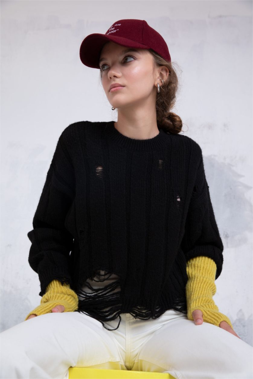 Женщины Черный Пуловер оверсайз с круглым вырезом из трикотажа для женщин