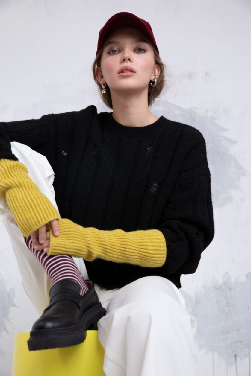 Женщины Черный Пуловер оверсайз с круглым вырезом из трикотажа для женщин