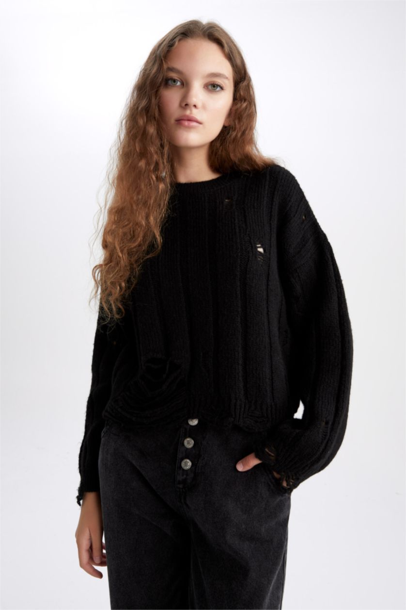 Женщины Черный Пуловер оверсайз с круглым вырезом из трикотажа для женщин