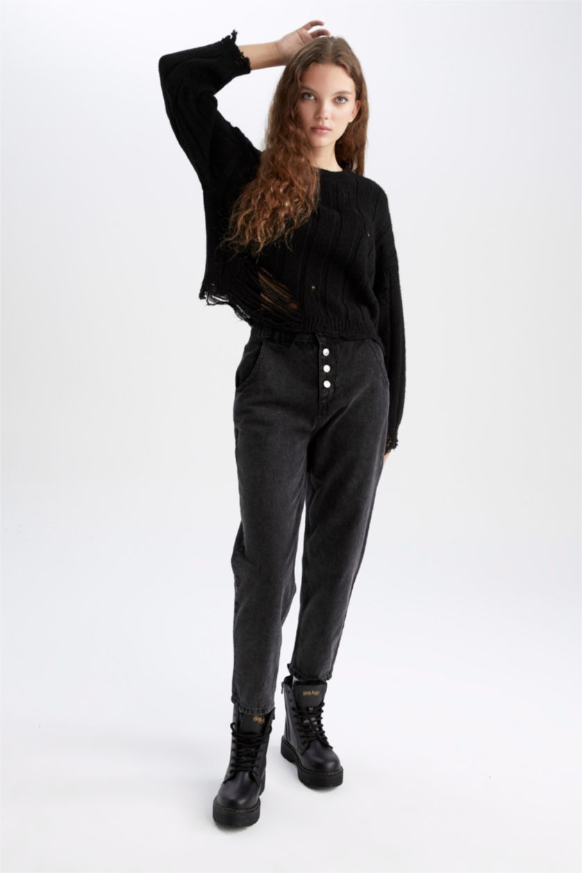 Женщины Черный Пуловер оверсайз с круглым вырезом из трикотажа для женщин