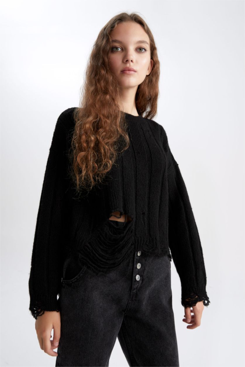 Женщины Черный Пуловер оверсайз с круглым вырезом из трикотажа для женщин