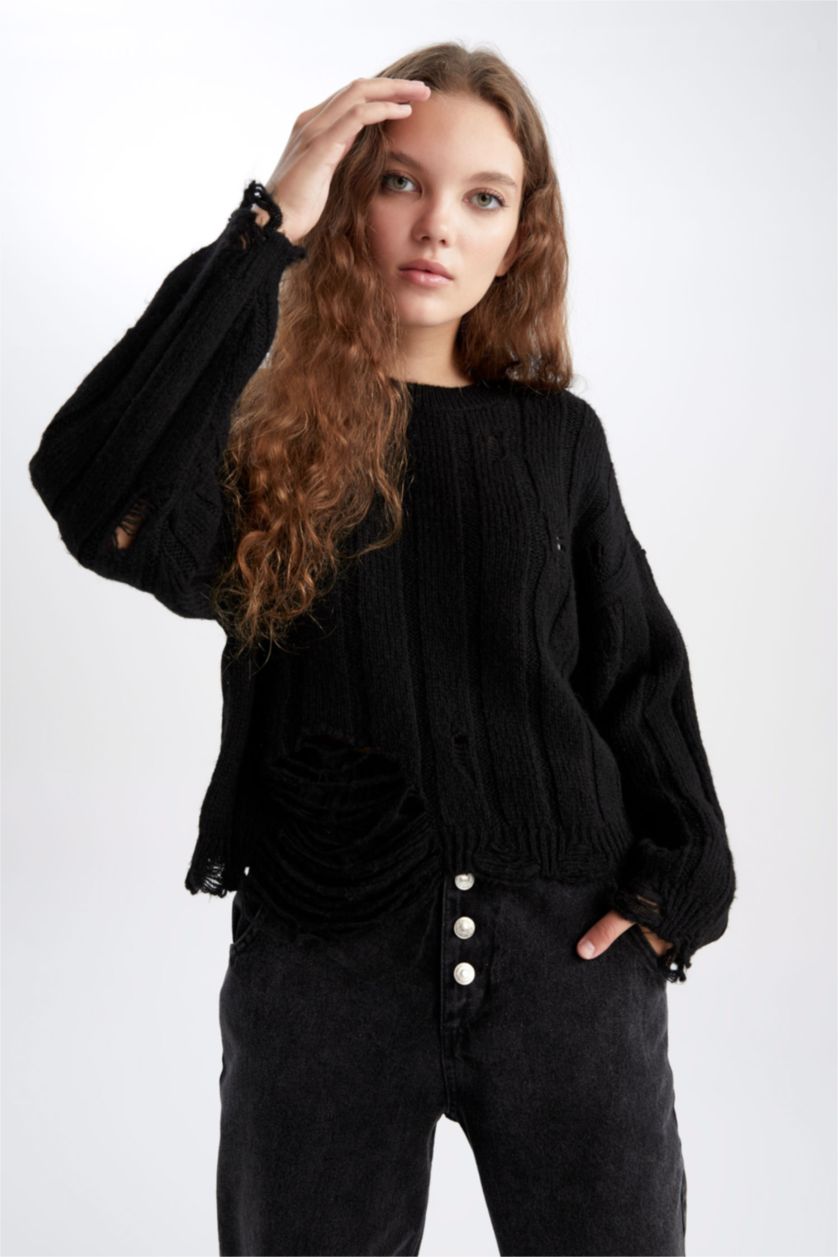 Женщины Черный Пуловер оверсайз с круглым вырезом из трикотажа для женщин