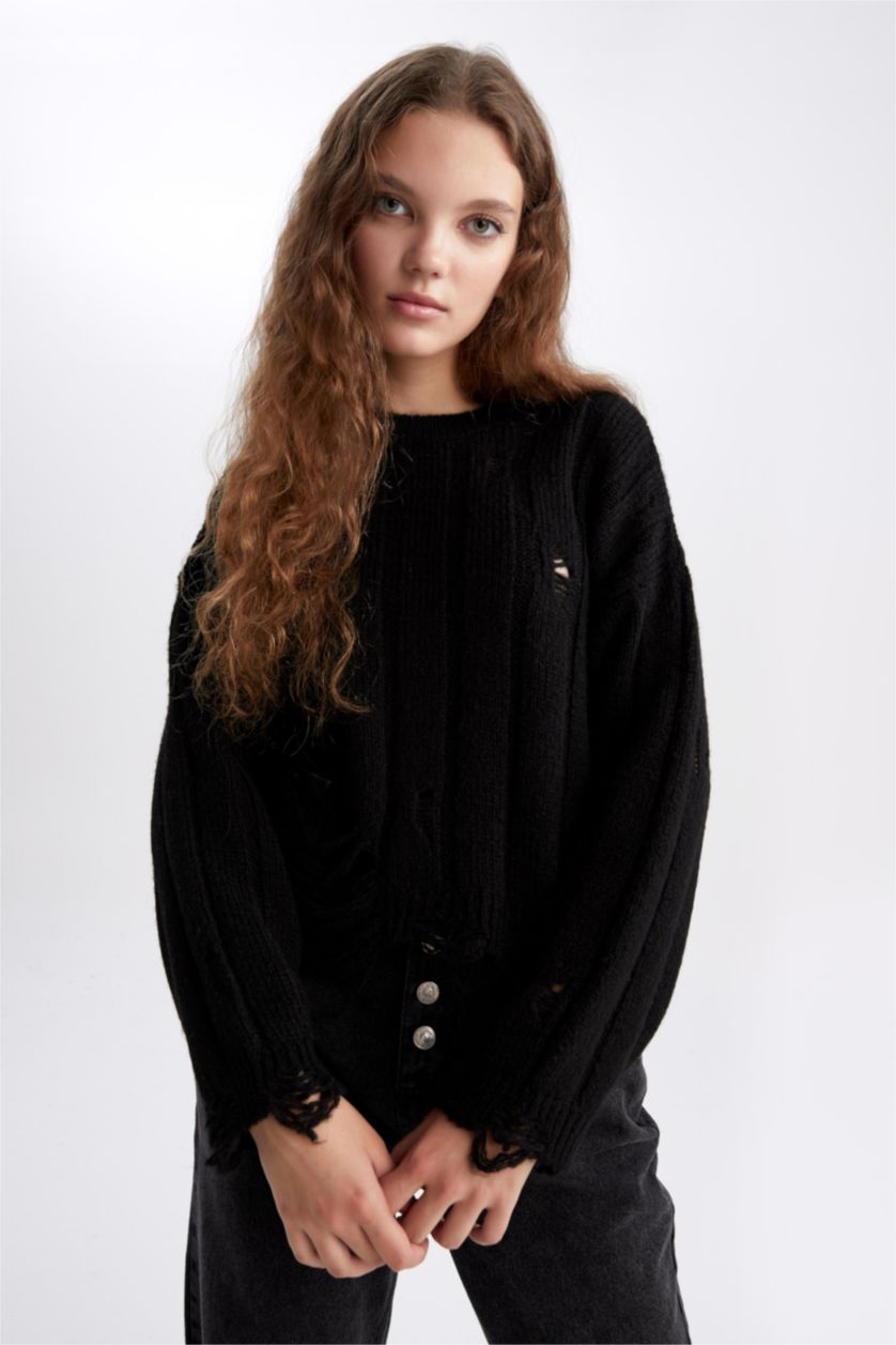 Женщины Черный Пуловер оверсайз с круглым вырезом из трикотажа для женщин