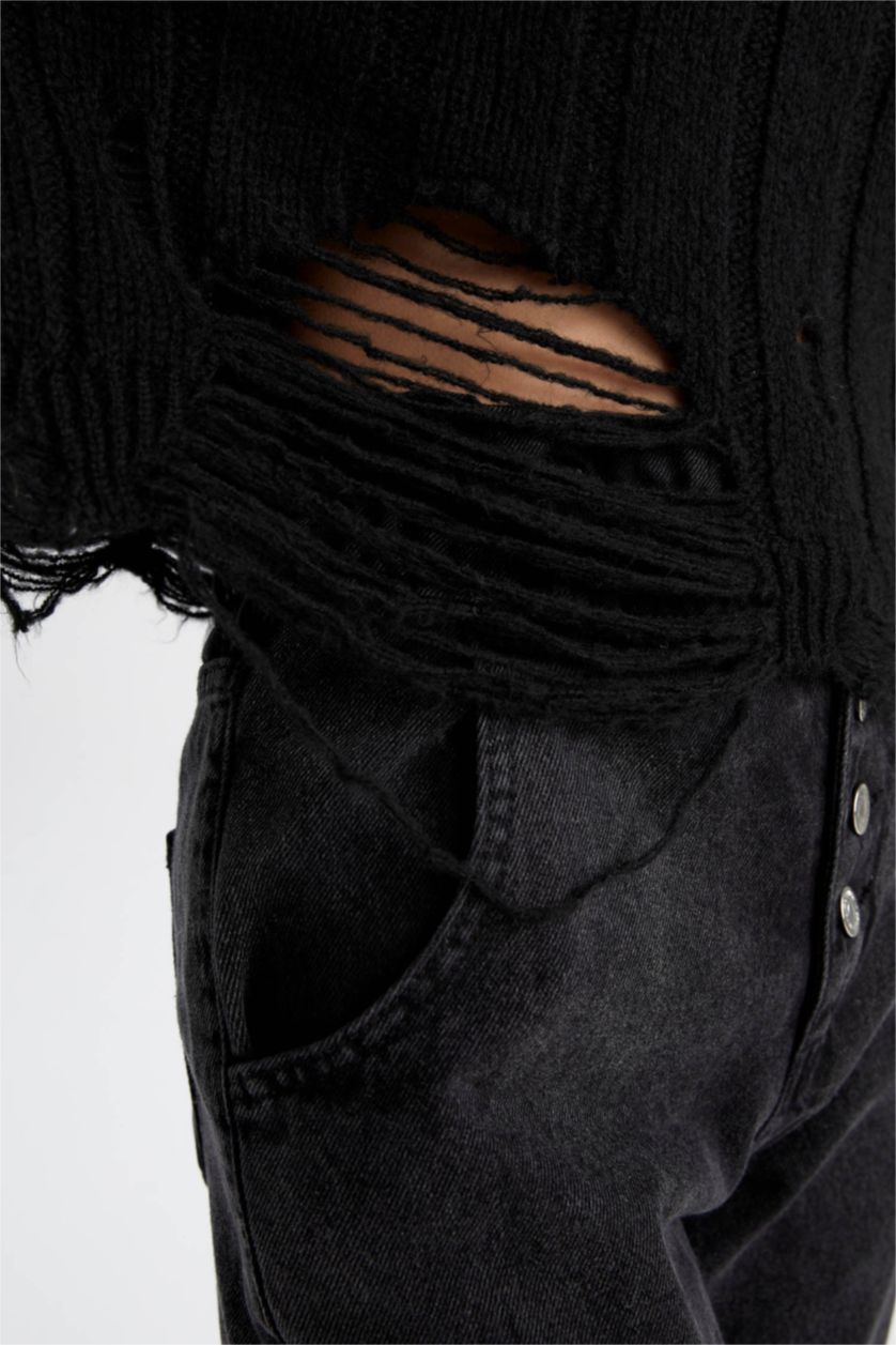 Женщины Черный Пуловер оверсайз с круглым вырезом из трикотажа для женщин