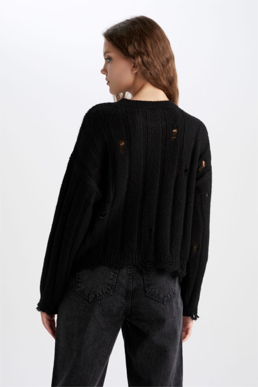 Женщины Черный Пуловер оверсайз с круглым вырезом из трикотажа для женщин