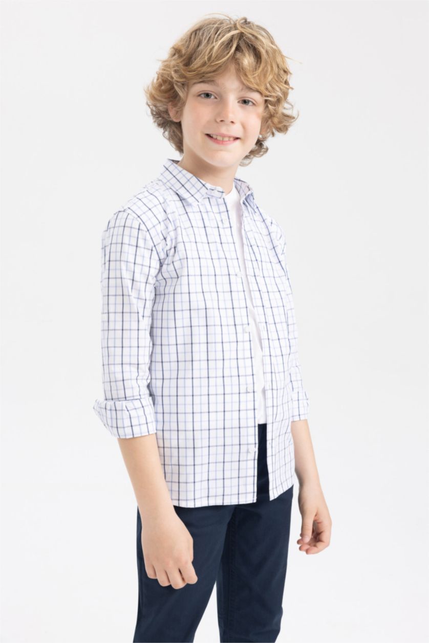 GARÇONS Bleu Chemise à carreaux à manches longues en popeline pour garçon