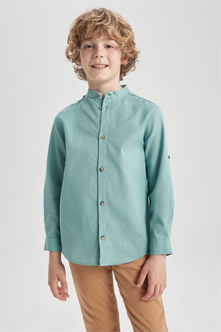 GARÇONS Vert Chemises à manches longues Look Lin Col montant Garçon