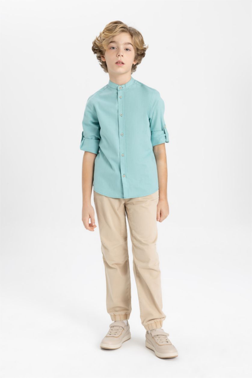 أولاد أخضر فاتح قميص ولادي ذو مظهر كتاني قصة عادية بياخة عالية