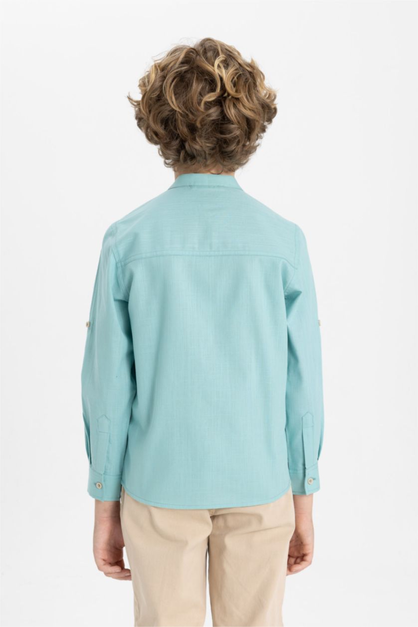 أولاد أخضر فاتح قميص ولادي ذو مظهر كتاني قصة عادية بياخة عالية