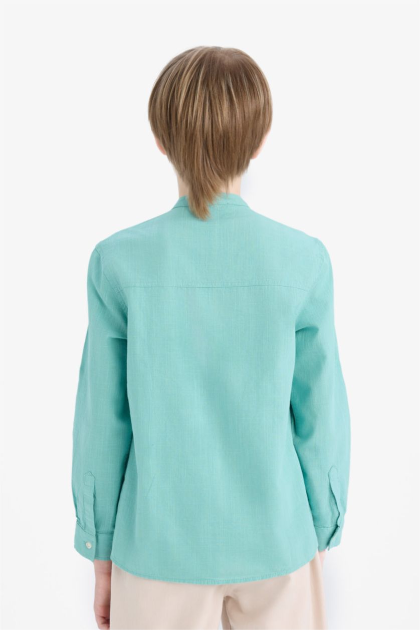 Erkek Çocuk - Genç Erkek Açık Yeşil Dik Yaka Keten Görünümlü Uzun Kollu Gömlek Erkek Çocuk