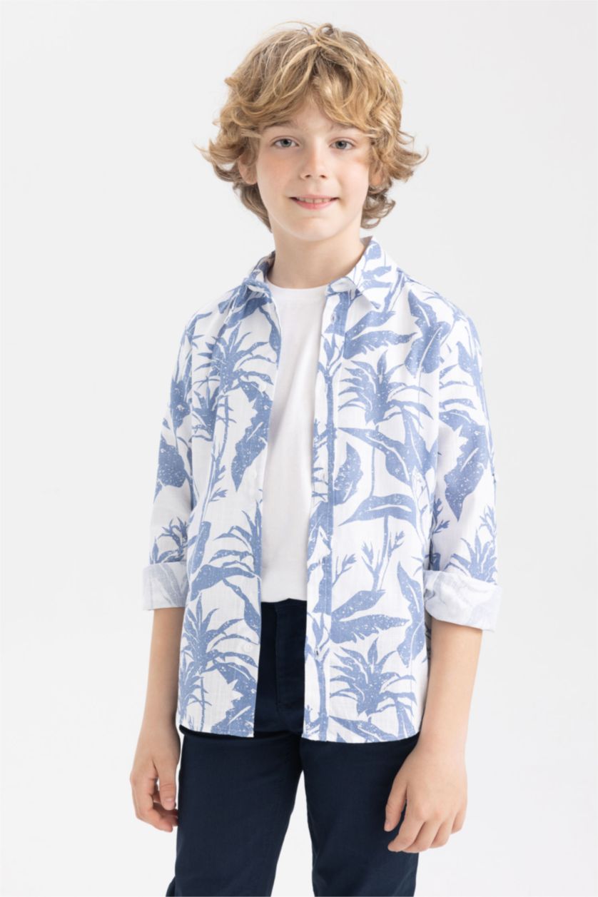 Boys & Teens White Boy Floral Pattern Linen Look Long Sleeve Shirt