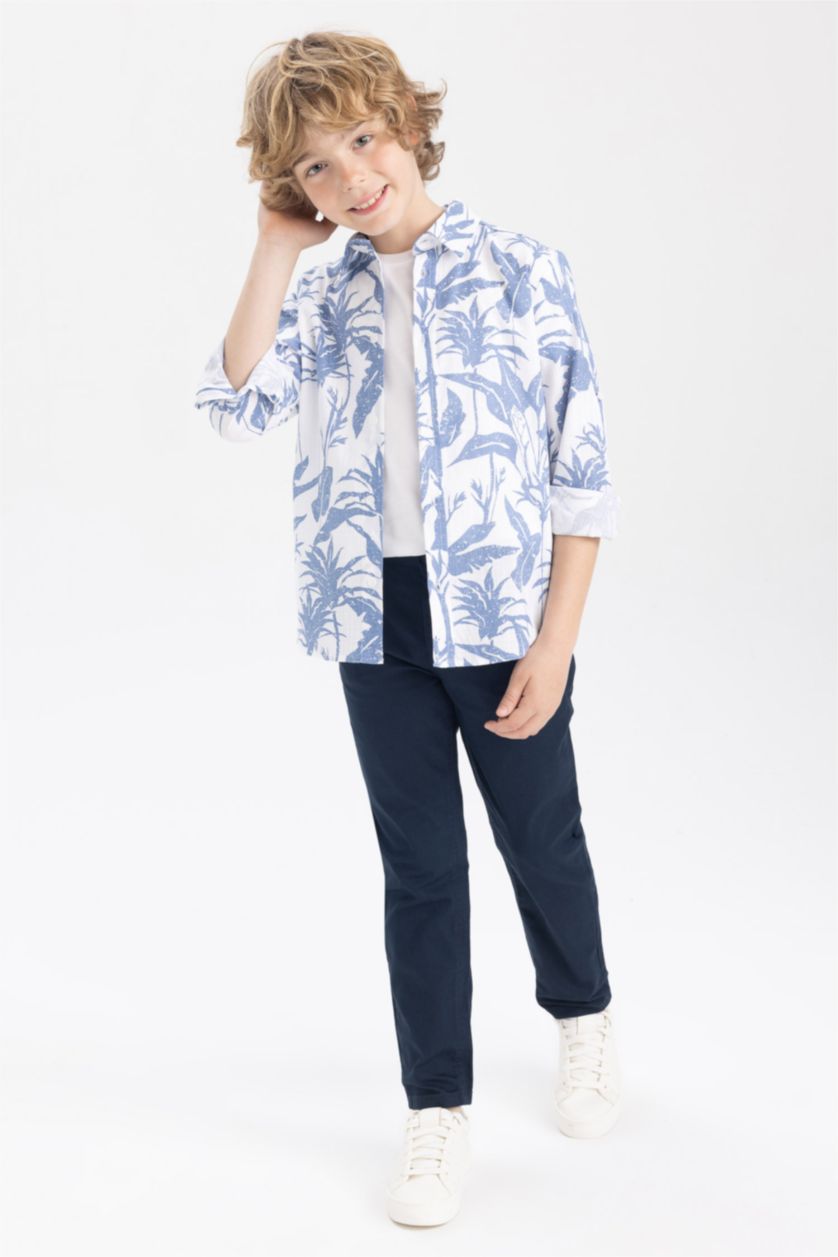 Boys & Teens White Boy Floral Pattern Linen Look Long Sleeve Shirt