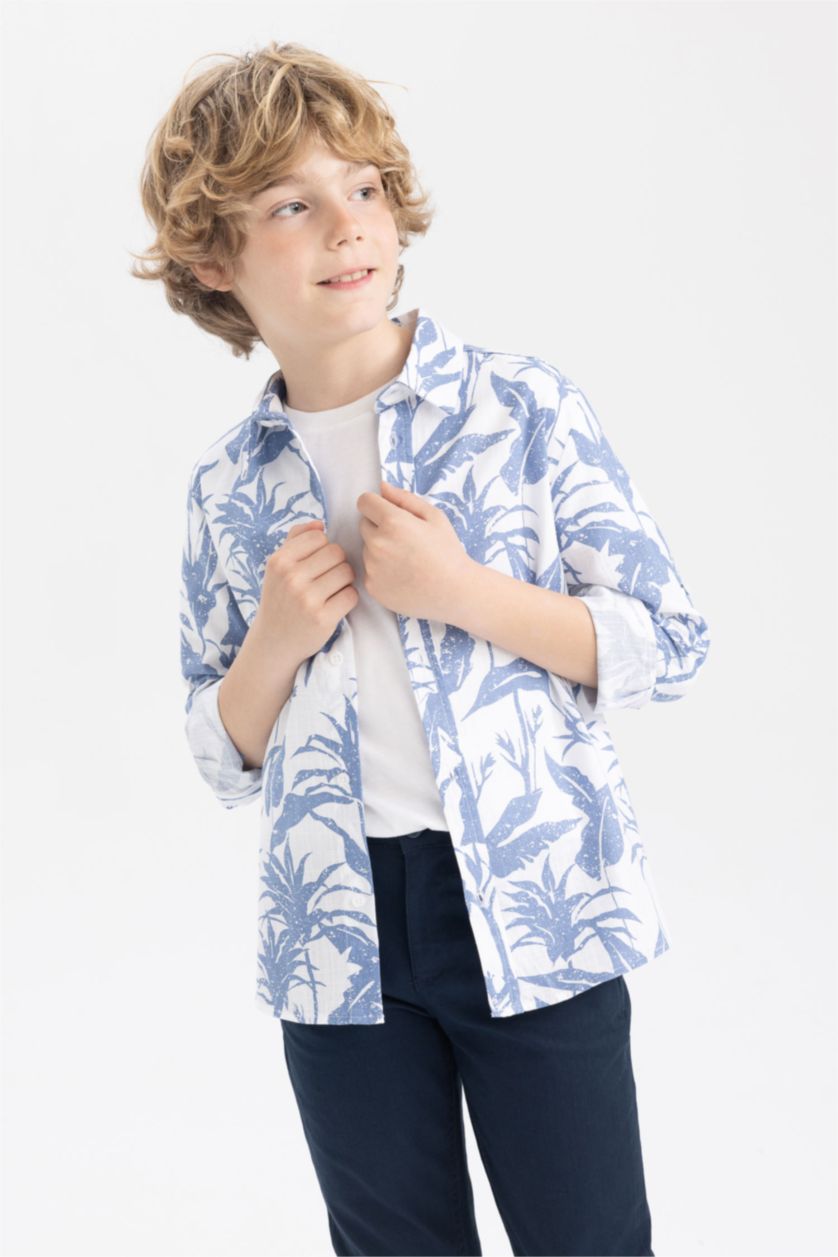 Boys & Teens White Boy Floral Pattern Linen Look Long Sleeve Shirt