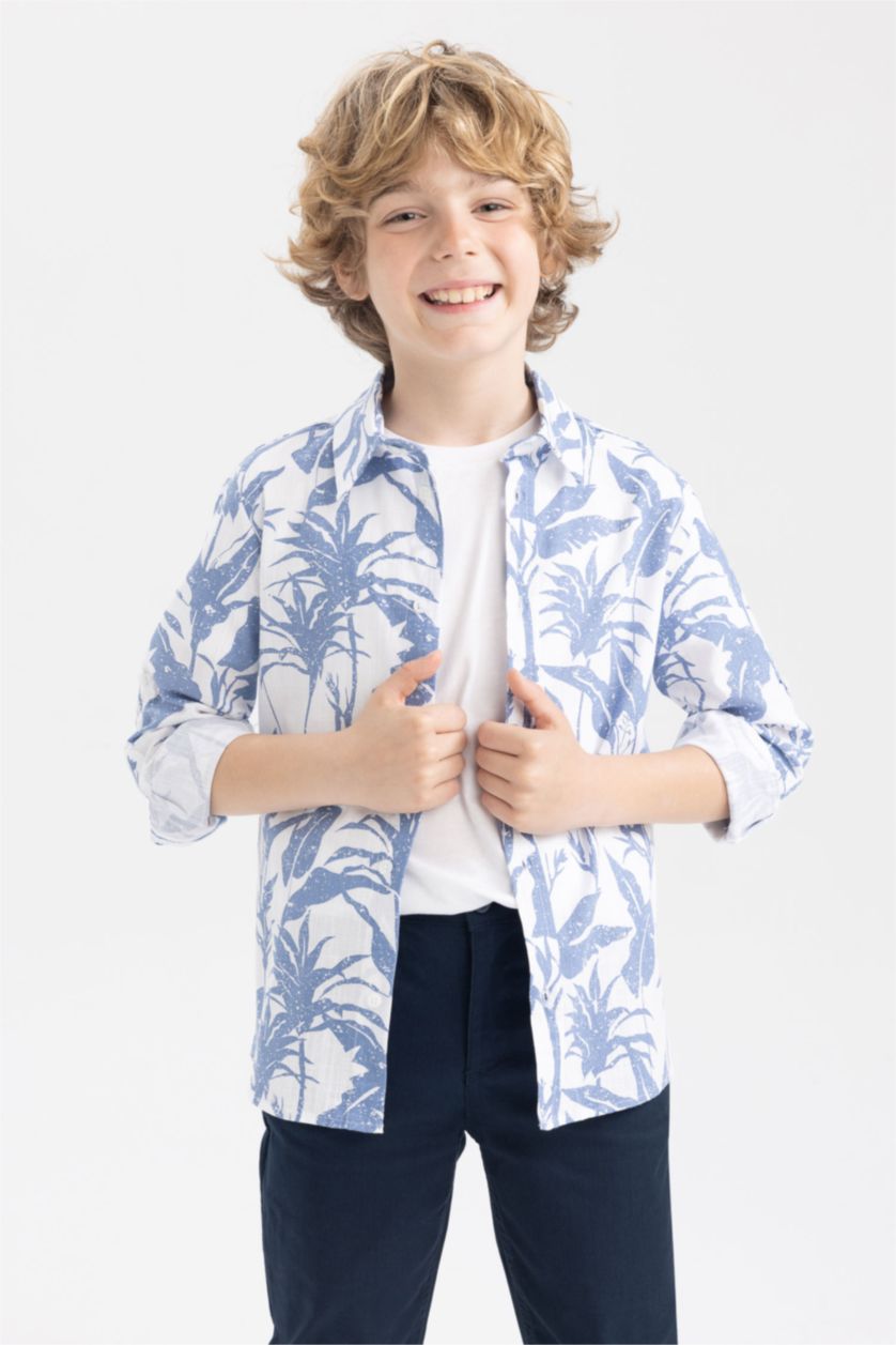 Boys & Teens White Boy Floral Pattern Linen Look Long Sleeve Shirt